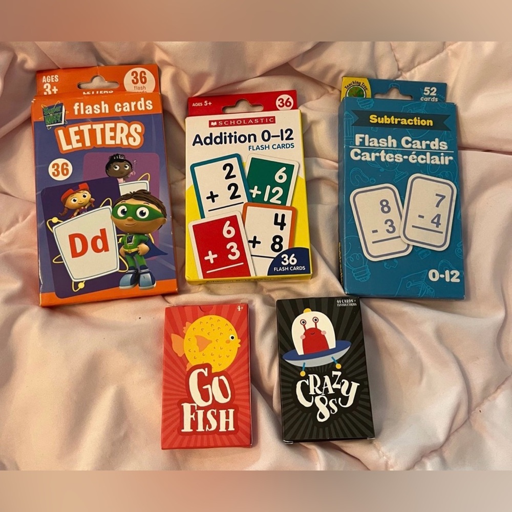 Kids Card Games, Flashcards & Erasers Lot, New